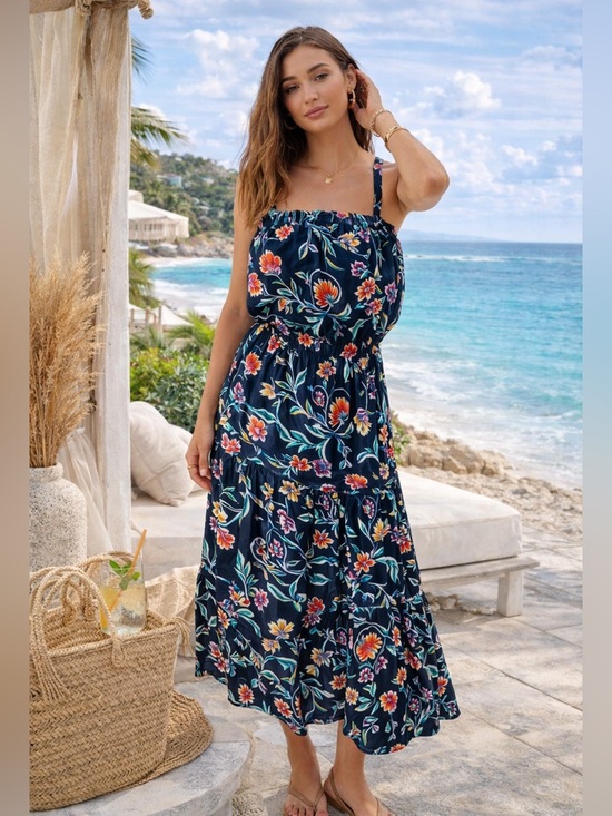Ramy Brook Dresses & Skirts - Ramy Brook Floral Tiered Midi Dress Small Black Boho Adjustable Strap Resort